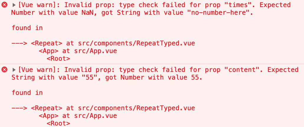 Figure 4.9: Mistyping Vue.js prop errors
