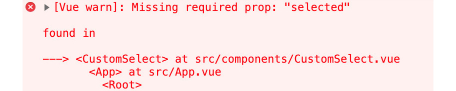 Figure 4.13: Vue.js warning when the selected required prop is missing
