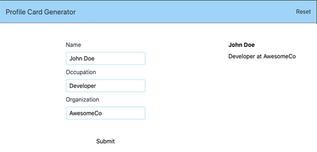 Figure 8.31: Profile Card Generator with Organization field support, filled out and submitted
