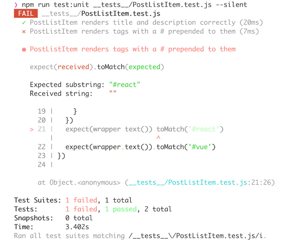 Figure 12.7: Tag test for PostListItem failing
