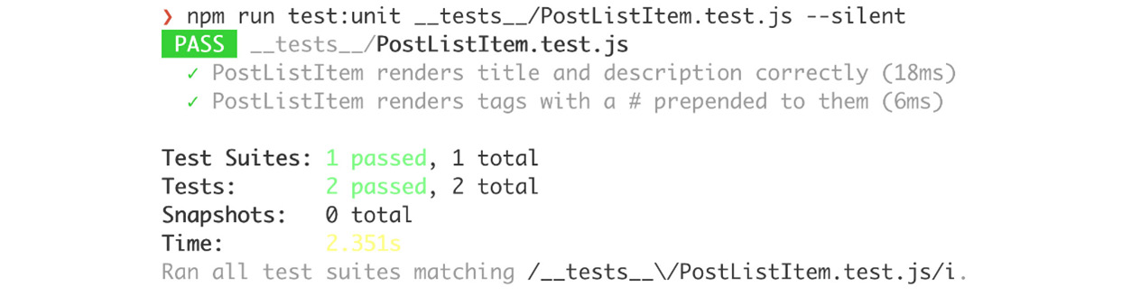 Figure 12.8: PostListItem unit test passing
