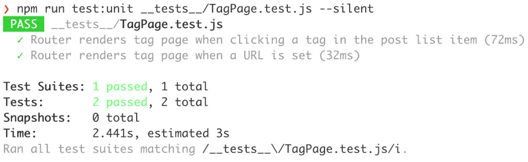 Figure 12.22: TagPage routing tests passing on the command line
