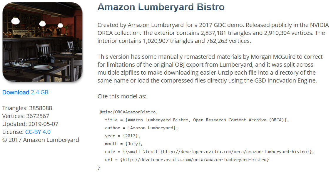 Figure 1.6 – Amazon Lumberyard Bistro as pictured on casualeffects.com as a 2.4-GB download