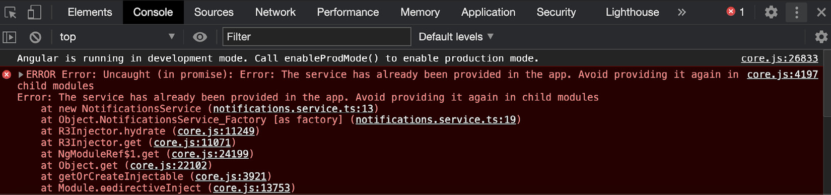 Figure 3.9 – An error detailing that NotificationsService is already provided in the app
