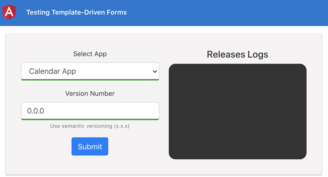 Figure 8.5 – The Testing Template-Driven Forms app running on http://localhost:4200
