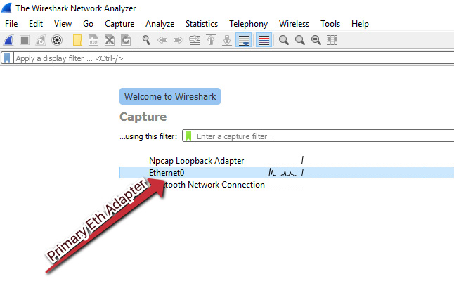 Figure 3.5 – The start up screen for Wireshark showing our primary network interface