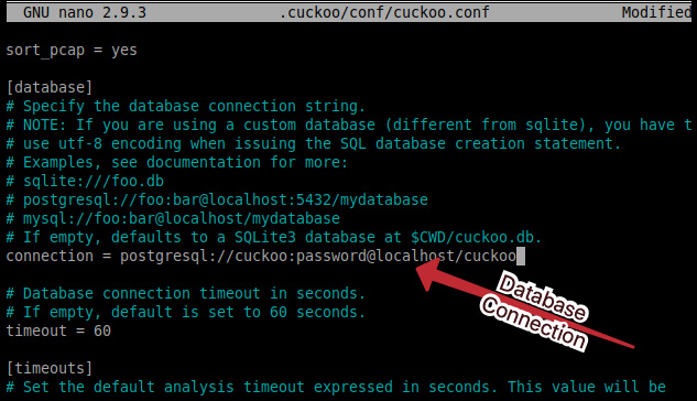 Figure 4.34 – Configuring the use of Postgres within Cuckoo