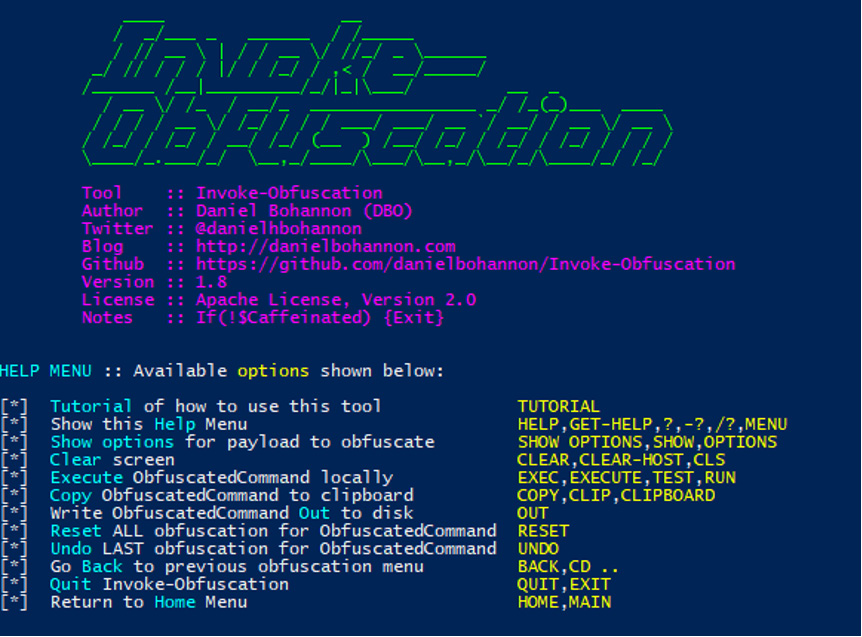 Figure 8.20 – The splash screen and options for Invoke-Obfuscation