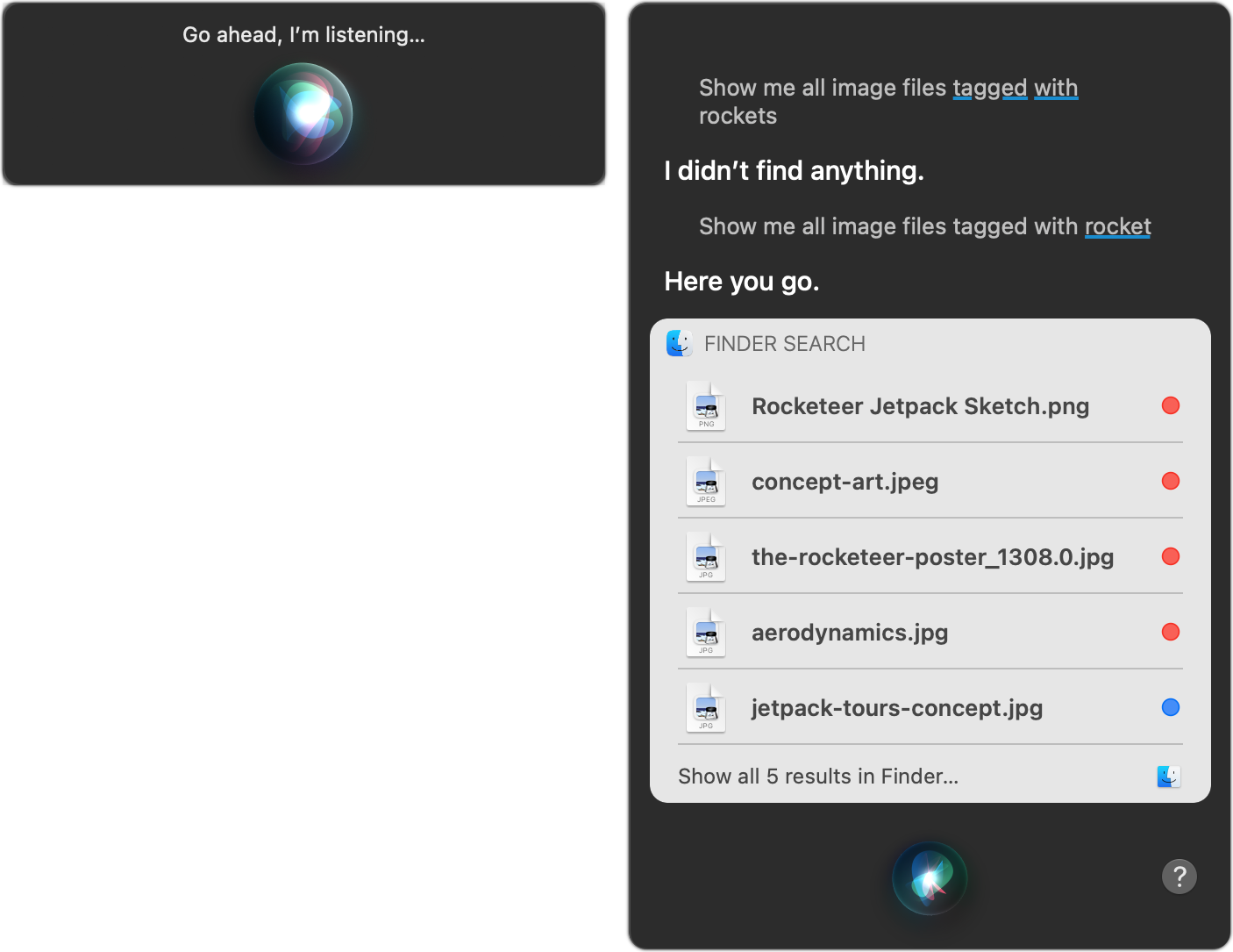 Figure 67: Invoking Siri brings up the familiar listening window (left). In the results window (right), you can see at the top where it initially didn’t transcribe my request correctly.