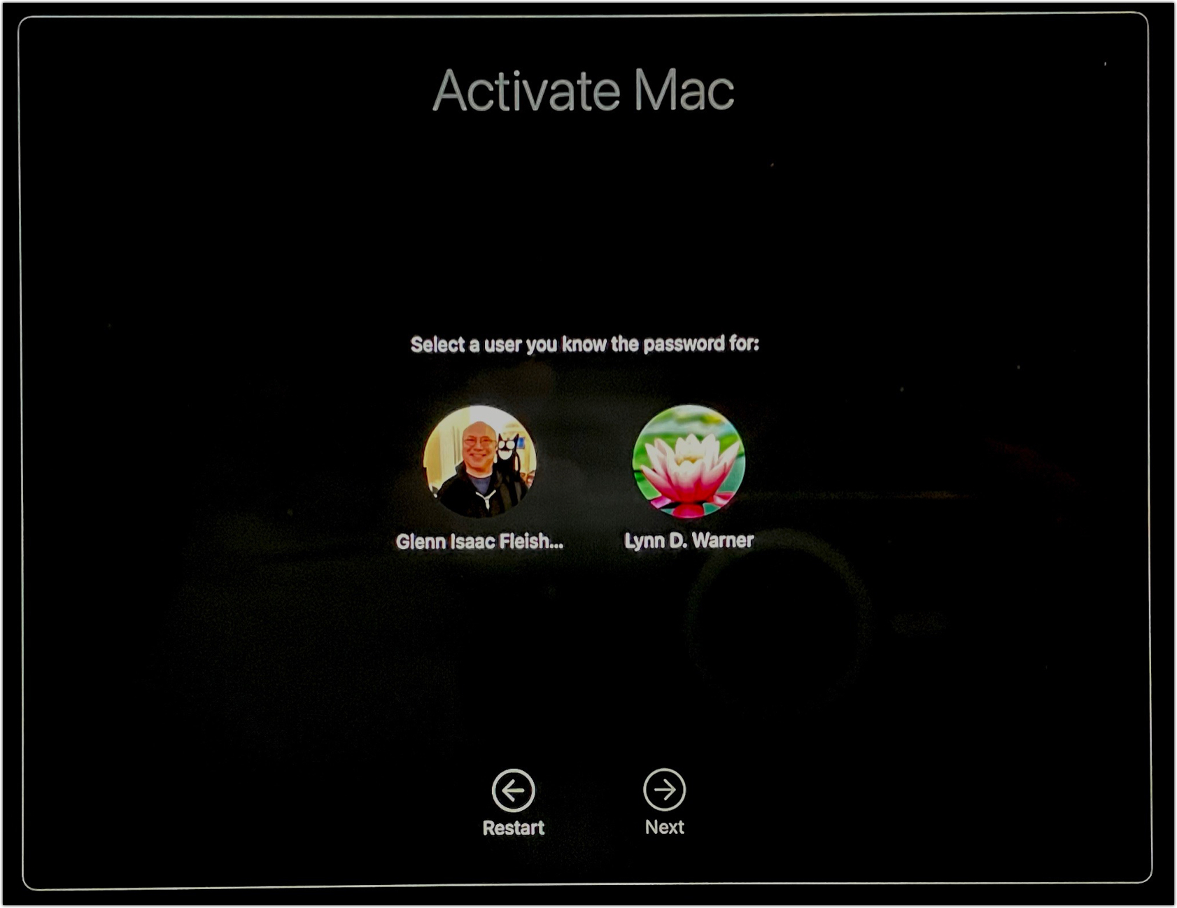 Figure 52: Activate your Mac by selecting a user and clicking Next.