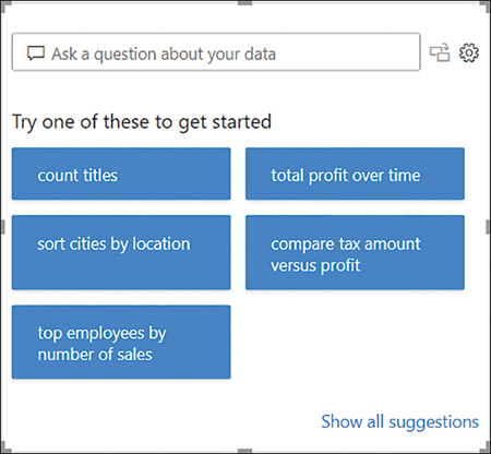The Q&A visual shows a text box at the top with placeholder text: Ask a question about your data. Below are sample questions.