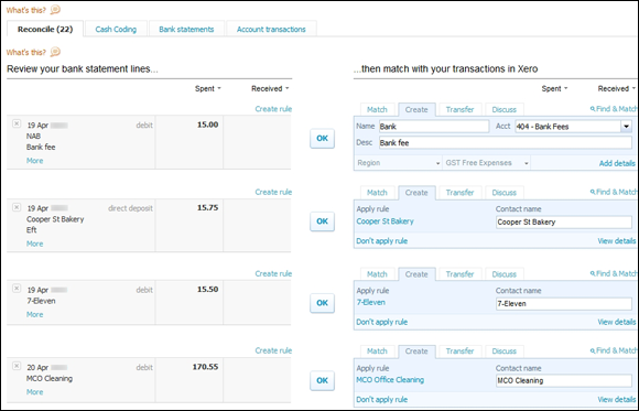 Screenshot depicting how the transactions from the previous figure would appear in Xero - a review of the banks statement lines.