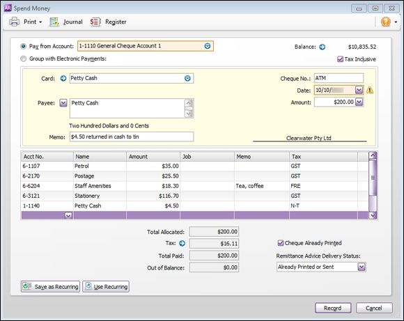 Screenshot for recording the cash withdrawal in your payments journal, splitting it across a number of different allocation accounts.