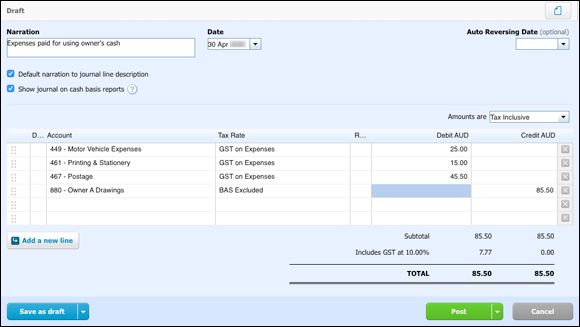 Screenshot for recording a journal entry for petty cash expenses paid using owner’s cash.