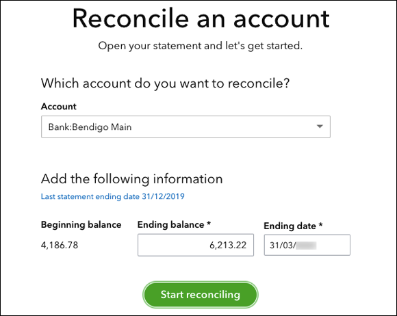 Illustration to enter a balance into the New Statement Balance field at the top of the Reconcile Accounts window, where QuickBooks Online prompts to enter an Ending Balance for a particular day.