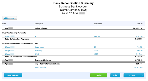 Screenshot of a Bank Reconciliation Summary from Xero listing the beginning balance of the bank account, any uncleared transactions, and
the ending balance.