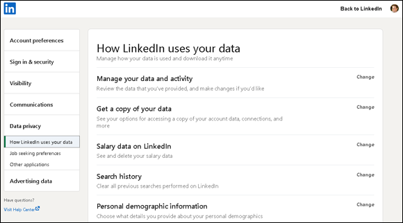 Snapshot of the LinkedIn page where you can change the details of your LinkedIn account.