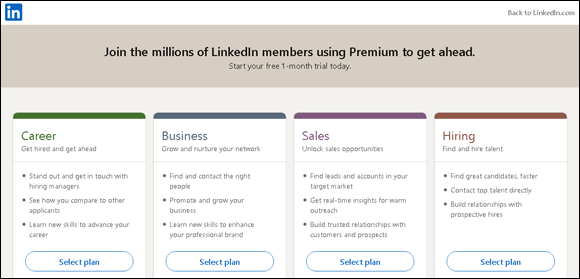 Snapshot of the LinkedIn page where different paid account features are listed.