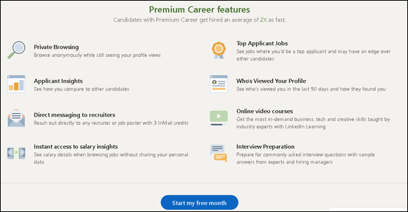 Snapshot of the LinkedIn page where the options for the premium account are listed.