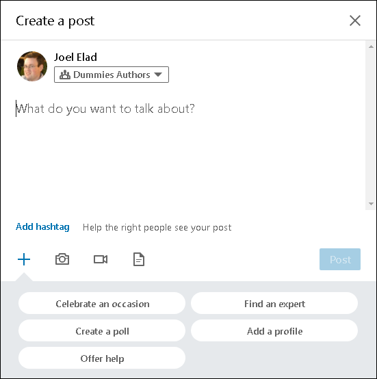 Snapshot of the LinkedIn page where you can create a conversation in your group.