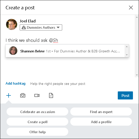Snapshot of the LinkedIn page where you can tag people to include them in the discussion.