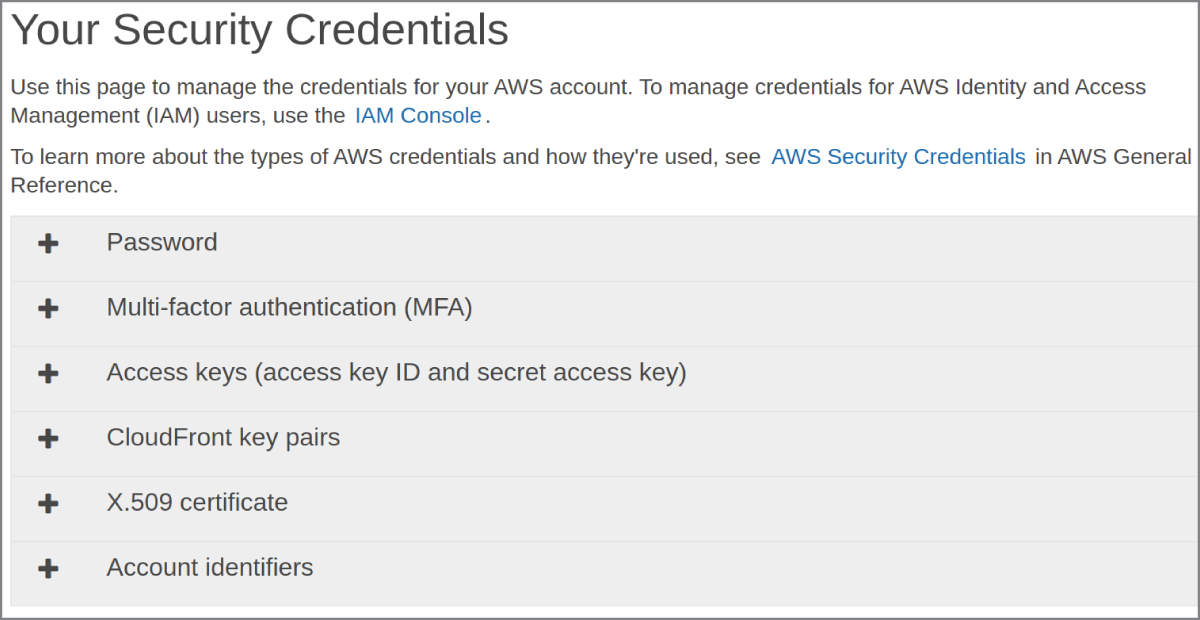 Snapshot of the six action items displayed on the Your Security Credentials page.