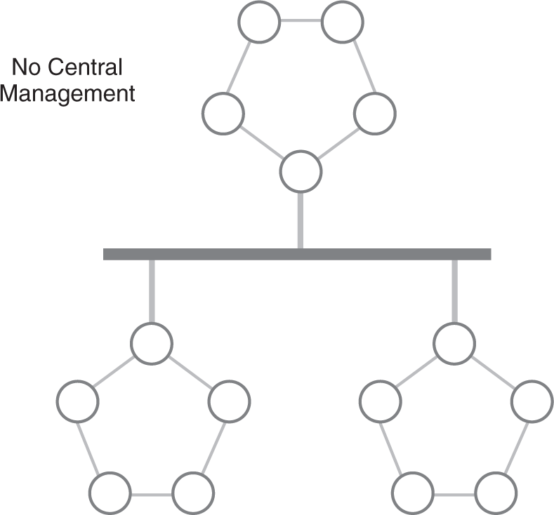 An illustration presents that three networks with no central server have multiple nodes that connect to each other. The first network is connected to the other two networks that lie parallel to each other and are interconnected.