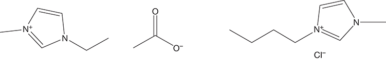 The structures of 1-butyl-3-methylimidazolium chloride and 1-ethyl-3-methyl imidazolium acetate are shown.