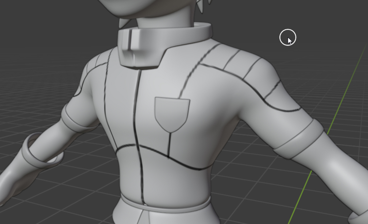 A screenshot shows the Blender workspace displaying Jim's jacket with reference elements painted, giving their positions.