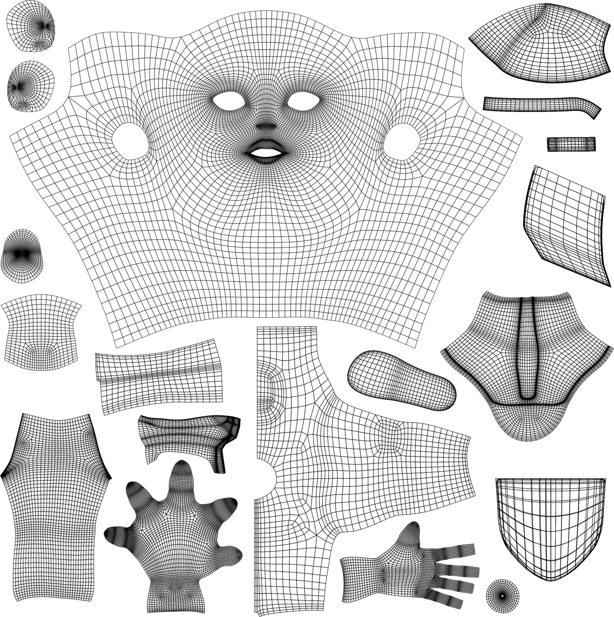 An image displaying the unwrapped UVs of different parts of the 3D model is shown. The images projected are that of the face, hat, jacket, boots, palms, badge, and ears.