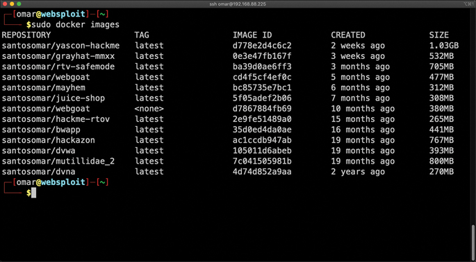 A screenshot of a command prompt window displays the result of the command: sudo docker images. The results are tabulated under the column headers: repository, tag, image ID, created, and size.
