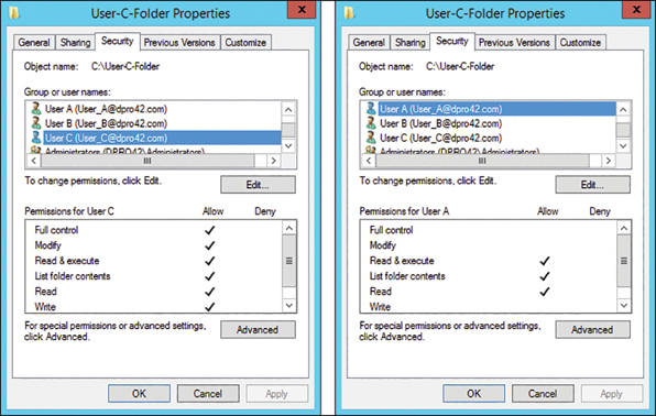 Two screenshots show the User-C-Folder Properties dialog box.