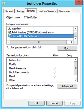 A screenshot of the test folder Properties window.