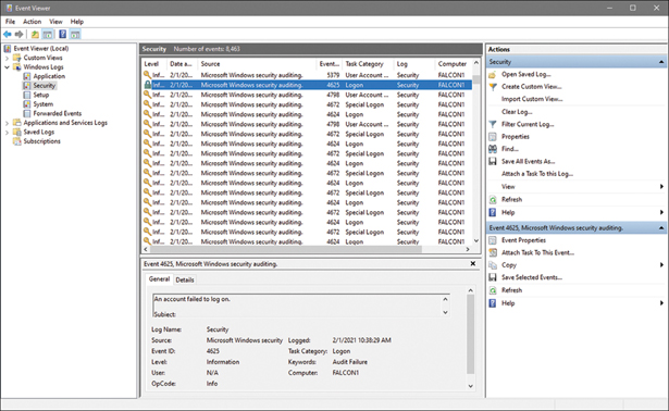 A screenshot of the Event Viewer window shows the security log event viewer.