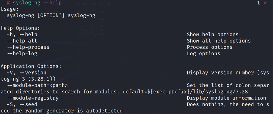 A screenshot shows Syslog-ng command-line help interface.