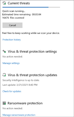 A screenshot shows the Microsoft Defender Antivirus interface for virus and threat protection, currently running a scan.