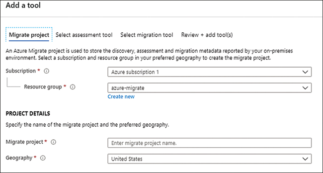 This is a screenshot showing the tools selection options for an Azure migration project. Select the subscription to use with the project, supply (or create) a resource group, supply a project name and choose the appropriate geographical region for the migration project.