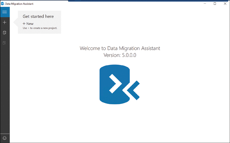 This is a screenshot of the Database Migration Assistant the welcome screen within the tool is displayed along with the new button to start a new migration.