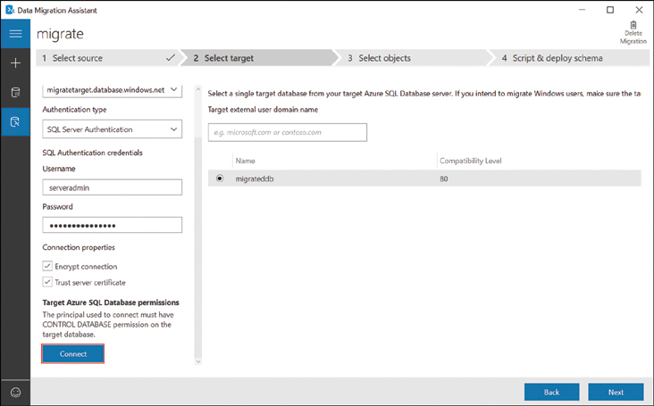 This is a screenshot of the connection options for the on-premises SQL database being migrated to Azure. Clicking the Connect button will allow the migration assistant to access the database as part of the migration.