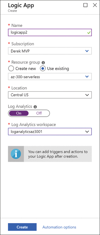 This is a screenshot of the logic app creation blade. Within this screen, from top to bottom are the name of the logic app, the subscription and resource group where the logic app will be built, and the location for the resource. Lastly, the option to enable log analytics and specify an existing workspace is displayed.