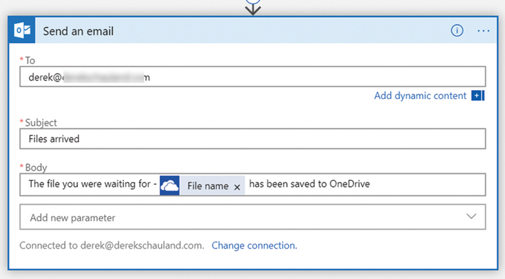 This is a screenshot of the logic app designer and a configured action of sending an email when files are delivered to a specific folder. The action shown defines the email address, subject, and body of the message to serve as an alert that a file has been stored in OneDrive.
