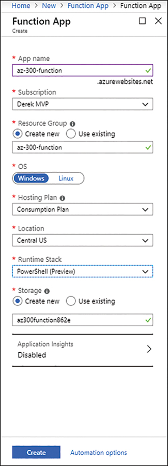 This is a screenshot of the Azure function app creation screen. From top to bottom the image displays the App Name field, the Subscription and Resource Group selection boxes, a selector for the OS used with the function app, the Hosting Plan selector, Location, and Runtime Stack for the function. In addition, the option to Create New or Use Existing storage account and the option to enable Application Insights is displayed above the Create button to start the creation of the function app.