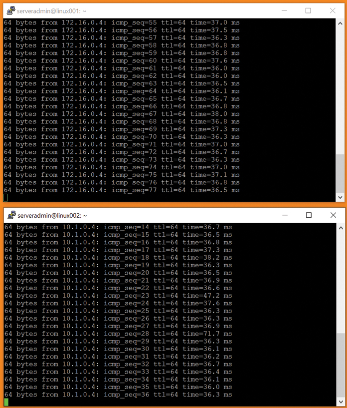 This is a screenshot of a ping test running between two virtual machines across the configured VPN between their virtual networks.