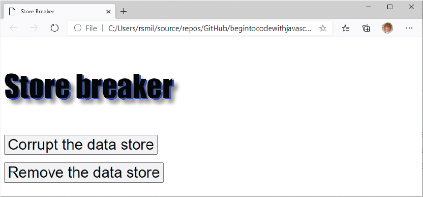 A screenshot of the store breaker application is displayed. It consists of two buttons 'corrupt the data store' and 'remove the data store.'