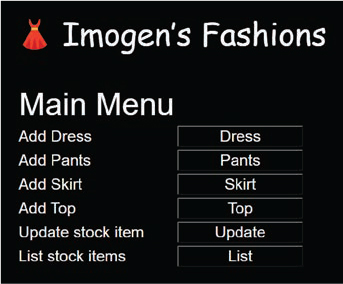 A screenshot displays the main menu with the title Imogen's fashion. It displays buttons such as dress, pants, skirt, top, update, and list.