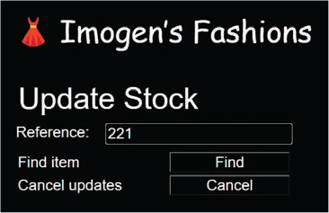 A screenshot displays the 'update stock' page of Imogen's fashions. It allows the user to add the reference number. The 'find' and 'cancel' buttons are also displayed.