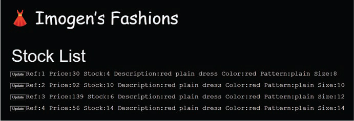 A screenshot shows the 'stock list' page of Imogen's fashion. It lists the price, stock, description, color, pattern, and size in each reference number. The update button is displayed near each reference number.