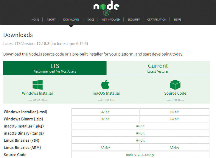 A screenshot of the node js application installer.
