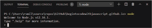 A screenshot of the terminal window of the visual studio code is presented. The node command is displayed followed by the welcome note of the node js application.
