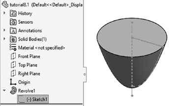 An illustration of a parabola with the axis of symmetry highlighted. A menu on the left shows the sketch 1 option under the Revolve 1 drop-down menu.